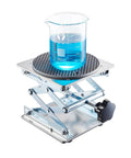 Heavy Duty 6X6 Inch Lab Scissor Jack Stand Adjustable Height 65-260mm Stainless Steel Platform Non-Slip Shock Absorbing Gaskets Perfect For Precision Laboratory Work Holds Up To 10kg with beaker.