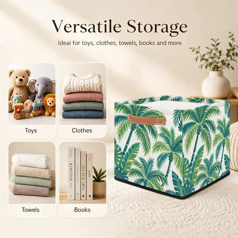 13 Inch Foldable Cube Storage Bins With Reinforced Handles Heavy Duty Waterproof Fabric Closet Organizer with tropical leaf design.