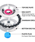 Badass 3 Piece Wood Carving Chain Disc Set Engineered For 4 And 4 1 2 Inch Angle Grinders includes top disc, chainsaw circle, and bottom disc.