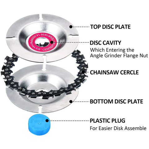 Badass 3 Piece Wood Carving Chain Disc Set Engineered For 4 And 4 1 2 Inch Angle Grinders includes top disc, chainsaw circle, and bottom disc.