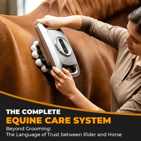 Person using Equine Recovery Pro 18 Head Massage Gun on horse's back with 20mm deep tissue percussion and red light therapy.