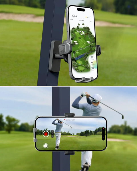 Magnetic Phone Holder With No Fuss Quick Release Clamp for Golf Cart and Gym, displaying phone in vertical and horizontal positions.