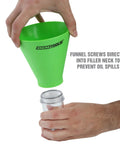 Hands holding No Spill Oil Funnel Kit with green funnel and clear chamber, showing direct-fit for easy oil changes.