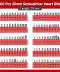 Set of 100 Pcs 25mm screwdriver insert bits from 130 Piece Mini Ratchet Set With One Quarter Inch Drive, 72 Tooth Ratchet, 104 Bits And 13 Sockets, Spinner Handle, Sliding Bar T Handle, Compact All In One Pro Grade Tool Kit For DIY Home Garage Projects