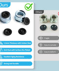 Two chrome trailer hub grease caps with black rubber plugs; 1.98 in diameter; includes two extra plugs.