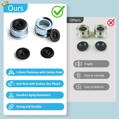 Two chrome trailer hub grease caps with black rubber plugs; 1.98 in diameter; includes two extra plugs.