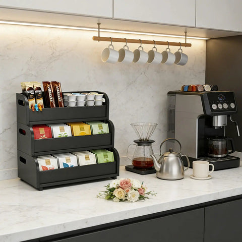 Three Layer Stackable Tea Bags Organizer Made From Bamboo With Large Capacity Go To Display Rack For Pantry Kitchen Office Coffee Station And Bars Restaurants Black on kitchen counter