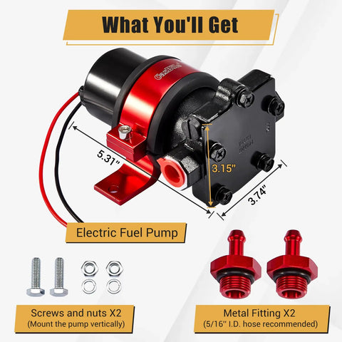110 GPH Electric Fuel Pump 12V High Flow With Mounting Bracket Heavy Duty Gasoline Transfer Pump For Auto 13-14 PSI 5/16 Inch Hose Adapters Durable Metallic Black Body with fittings and screws