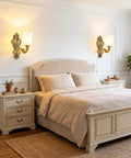 Plug in Wall Sconce, Dimmable Vintage Gold Wall Lamp 0%-100% Brightness in stylish bedroom setting with beige decor.
