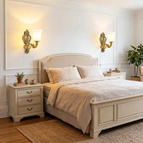 Plug in Wall Sconce, Dimmable Vintage Gold Wall Lamp 0%-100% Brightness in stylish bedroom setting with beige decor.