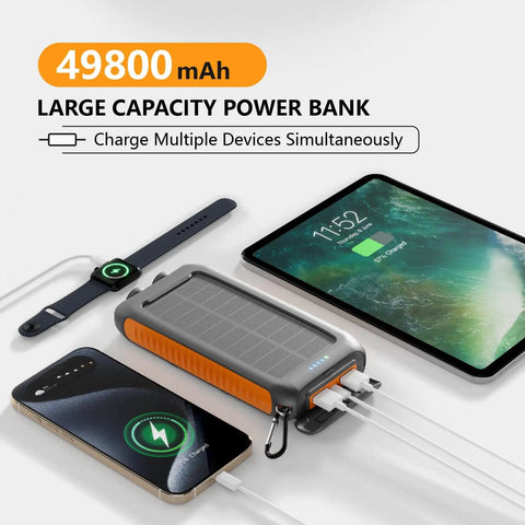 Ultra High Capacity Solar Power Bank 49800mAh Portable Charger With Dual USB A And Type C Ports, charging multiple devices