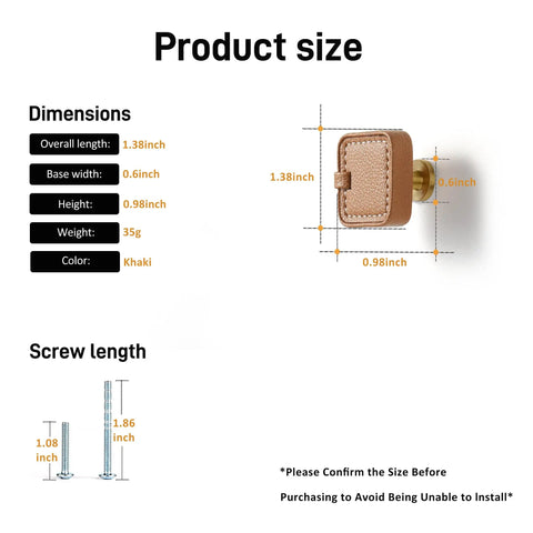 Pack Of Four Modern Khaki Brass Square Cabinet Drawer Knobs dimensions with size details and screw lengths for kitchen and bedroom use.