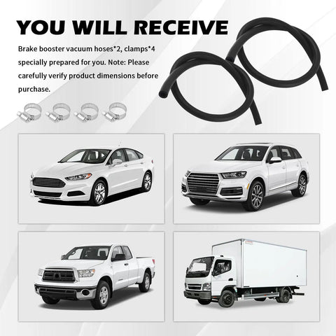 2 Pack 11/32 Inch By 36 Inch Car Brake Booster Vacuum Hose Kit with clamps and compatible vehicles.
