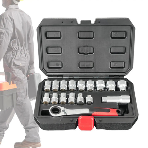 Open case of Beefed Up Heavy Duty Socket And Ratchet Set For Car Repair And Home Garage Projects With Hollow Through Design