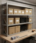 Heavy Duty 4.7 x 3.9 Inch Angle Steel Shelf Brackets Set For Garage, Basement, And Workshop Racks, shown on workbench