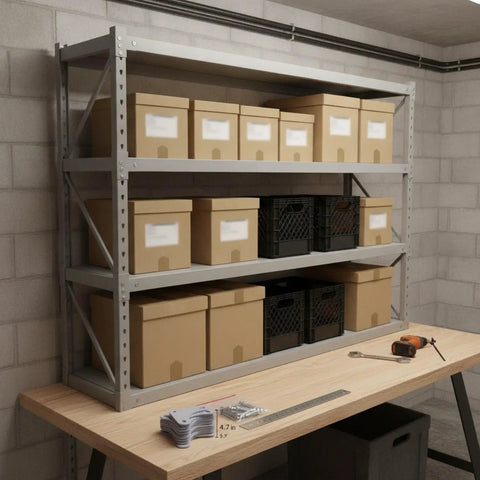 Heavy Duty 4.7 x 3.9 Inch Angle Steel Shelf Brackets Set For Garage, Basement, And Workshop Racks, shown on workbench