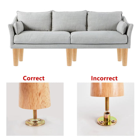 Six Inch Straight Wood Furniture Legs Set Of Eight For Sofa Couch Table Cabinet Chair Dresser Bed Or Ottoman Replacement Legs Durable Rubber Wood With Varnish Finish And Easy Install showing correct and incorrect installation on a sofa