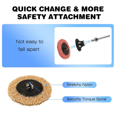 92 Piece 2 Inch Quick Change Sanding Discs Set With 1/4 Inch Roll Lock Pad shown with security torque spiral feature