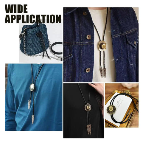 40 Pcs Bolo Tie Tips Set In 4 Colors, 1.4 Inch Long Brass End Caps, 9mm Bolo Tie Findings For DIY Crafts And Clothes Decor, Retro Western Style Dope Accessories Replacement Buckles, shown on cords and outfits