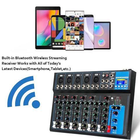 HT7 Bluetooth Portable DJ Mixer With USB MP3 Jack And 48V Power next to tablets and smartphones demonstrating wireless streaming