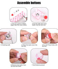 DIY Fabric Covered Button Kit With Five Sizes And Tools assembly steps with scissors, fabric, and installation tool