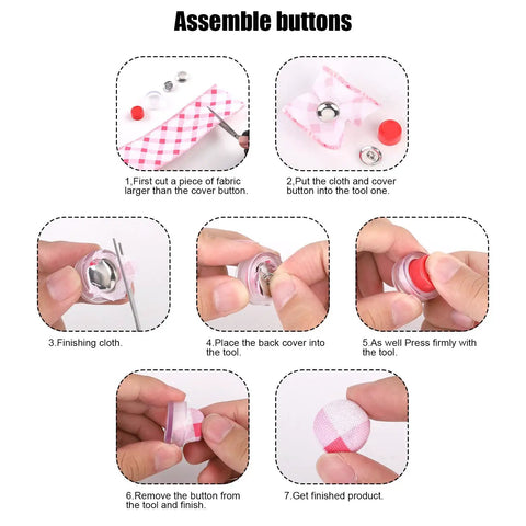 DIY Fabric Covered Button Kit With Five Sizes And Tools assembly steps with scissors, fabric, and installation tool