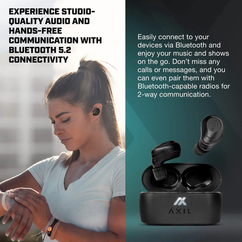 Side view of woman wearing XCOR Pro Wireless Earbuds With Bluetooth, Touch Control, HearPRO Sound Enhancement near open earbud case