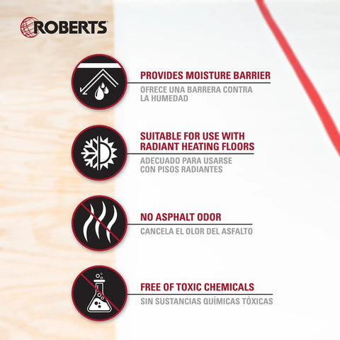 Pro Grade Moisture Barrier Underlayment For Solid And Engineered Wood Floors And LVP, 6 Mil, features icons for moisture barrier, radiant heat, no odor, non-toxic.