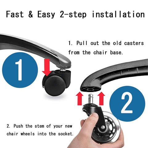 Installation guide for Heavy Duty Office Chair Wheels Roller Blade Casters showing steps to swap casters easily.