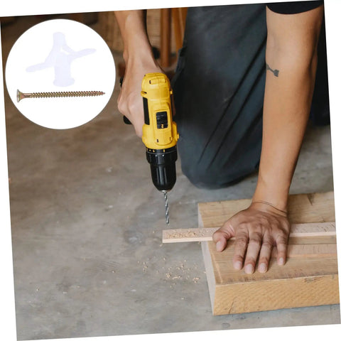 Heavy Duty Drywall Fixing Screws And Plastic Wall Anchors Expansion Plugs Bulk Pack 100 Pieces, power drill preparing wood for installation.
