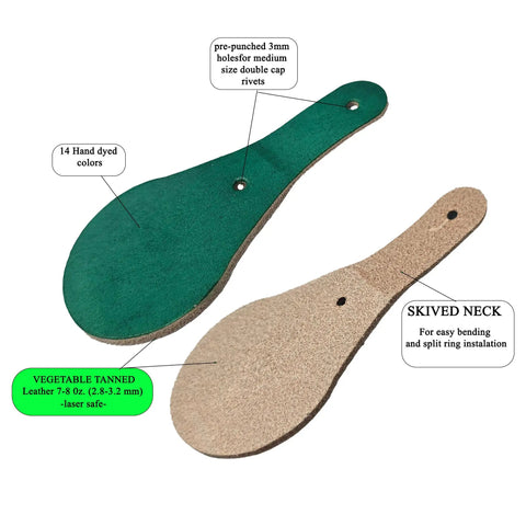Premium Thick Vegetable Tanned Leather Keychain Blanks showing green and natural teardrop shapes with skived necks for easy crafting.
