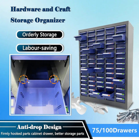 Heavy Duty Metal Hardware Organizer Stackable Parts Cabinet With 75 Or 100 Smooth Gliding Drawers For Garage Warehouse showing interior with glide drawers.