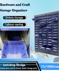 Top Tier Metal Hardware Organizer With One Hundred Compartments For Nuts And Bolts, Sweet Compact Teacher Tool Box showing blue drawer design.