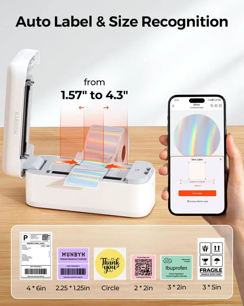 Bluetooth Thermal Label Printer For 4x6 Shipping Labels showing label size compatibility and mobile setup app interface.