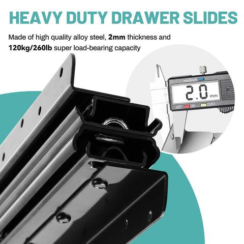 Beefy Heavy Duty Undermount Drawer Slides 16 Inch Full Extension Bottom Mounted Hidden Rails 260lb Ball Bearing Metal Tracks close-up