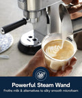 Arte Espresso Machine With My LatteArt Steam Wand Milk Frother And 15 Bar Pressure frothing milk into a glass cup