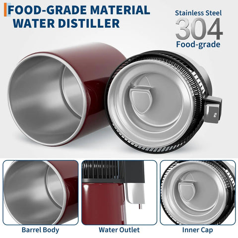 No Fuss Go To Water Distiller For Countertop Home Use With Heavy Duty Stainless Steel Build And Automatic Shutoff shown from top view highlighting barrel and water outlet.