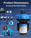Upgraded Five Chamber 12V RV Fresh Water Pump with accessories and dimensions displayed