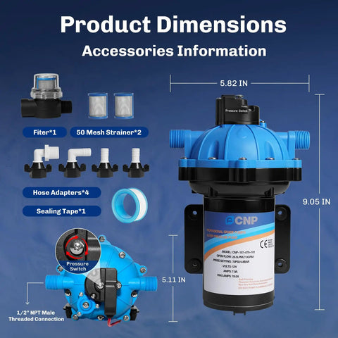 Upgraded Five Chamber 12V RV Fresh Water Pump with accessories and dimensions displayed
