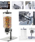 Top Shelf Stainless Steel Cereal Dispenser With Smooth Glide Dual Pump Airtight Dry Food Storage Tub For Coffee Beans Nuts And Bulk Munchies 16 Liter showcasing colorful cereal inside.