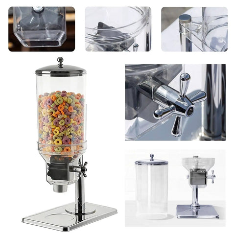 Top Shelf Stainless Steel Cereal Dispenser With Smooth Glide Dual Pump Airtight Dry Food Storage Tub For Coffee Beans Nuts And Bulk Munchies 16 Liter showcasing colorful cereal inside.