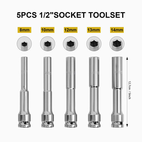 Grab This Bad Boss 5 Pcs Extra Long Thin Wall Metric Socket Set In 8 To 14mm Sizes For Heavy Duty Impact Work That Crushes The Tough Stuff With Reliable Cr V Steel Performance, 5-piece 1/2-inch drive sockets 8-14mm