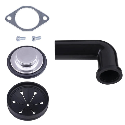 Elite Three Quarter Horsepower Garbage Disposal With Continuous Feed parts including flange, elbow pipe, and mounting hardware