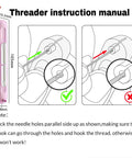 2 In 1 Automatic Needle Threader And Seam Ripper For Quick Sewing And Quilting Projects Must Have DIY Sewing Kit With Loop Needle Threader Purple Finish Ultra Handy Tool For Sewing Crafting Repairs with instruction manual showing correct and incorrect usage.