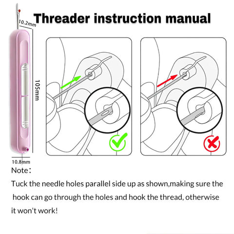 2 In 1 Automatic Needle Threader And Seam Ripper For Quick Sewing And Quilting Projects Must Have DIY Sewing Kit With Loop Needle Threader Purple Finish Ultra Handy Tool For Sewing Crafting Repairs with instruction manual showing correct and incorrect usage.