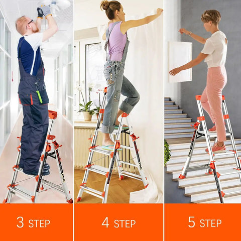 Lightweight Aluminum Five Step Ladder With Handrails And Tool Tray Anti Slip Wide Pedals Folding Step Stool For Home And Stairs And Outdoor Projects Telescoping Extension Portable Easy Storage 330 Lb Capacity, 5-step use