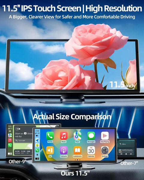 11.5 Inch Wireless Apple CarPlay Screen for cars, size comparison, dash mount, pink roses display