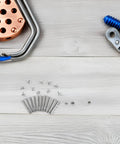 Folding Fan Shaft Rivet Nail And Nut Repair Kit 25mm Set For DIY Hand Fans Folding Paper Fans And Dance Fans Includes Rivets Nuts And Hardware For Quick Easy Fixes And Pro Level Repairs, metal parts laid out