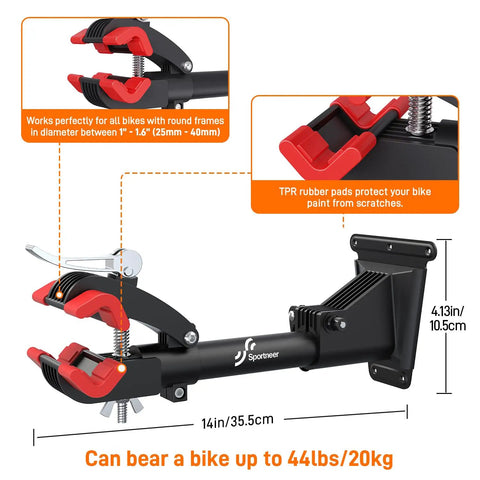 360 Degree Rotating Bike Repair Stand With Wall Mount showing removable clamp, dual mounting plates, and TPR rubber pads