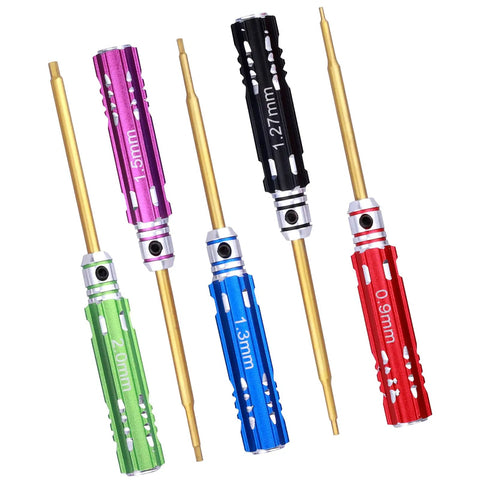 Must Have RC Hex Driver Set for Tiny Builds with 5 Piece Allen Key Kit featuring 0.9mm to 2.0mm sizes and aluminum handles